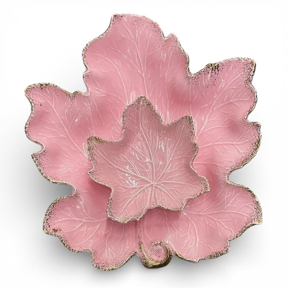 Vintage California Pottery Pink Leaf Dishes Gold Trim Candy Bowls Pair